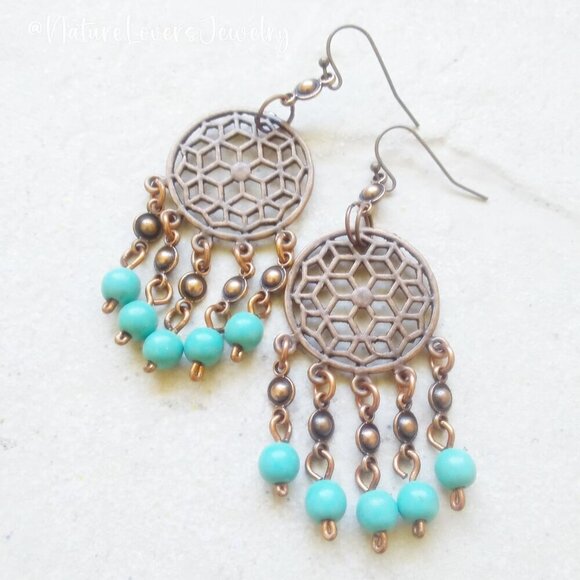 Copper Dreamcatcher Chandelier Earrings + Turquoise Howlite! Southwest Vibes - Picture 5 of 8